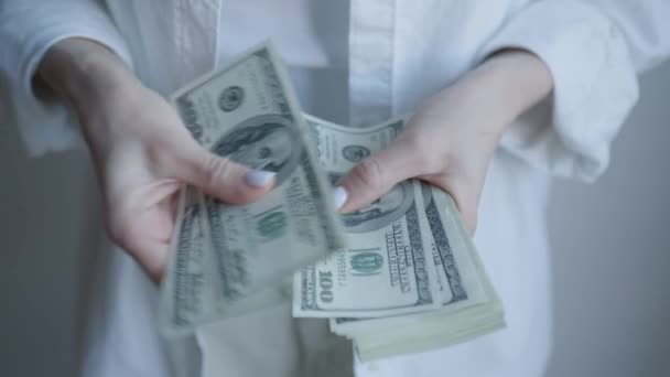 Image Depicts Womans Hands She Counts Dollar Bills Emphasizing Personal — Stock video