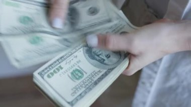 Detaylı bir görüntüde bir kadın, bir yığın Amerikan dolarını sayarken mali zenginlik ve işlemleri ön plana çıkarırken ellerini gösteriyor.