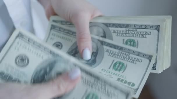 Image Features Close View Womans Hands She Counts Dollar Bills — Vídeo de Stock