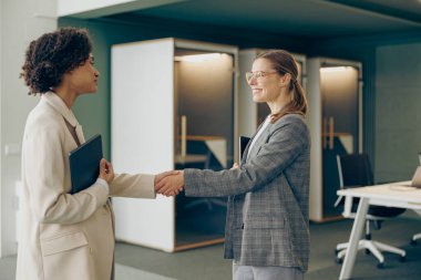 Gülümseyen kadın yönetici, iş yerinde partnerinin elini sıkmasıyla başarılı bir anlaşma yapıyor. 