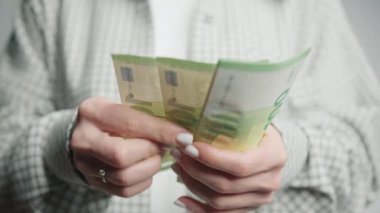 Bu resim, profesyonel bir ortamda titiz bir mali yönetim ve detaylara dikkat gösteren 100 Euro 'luk banknotları dikkatle sayarken bir iş kadınının ellerini ön plana çıkarıyor.