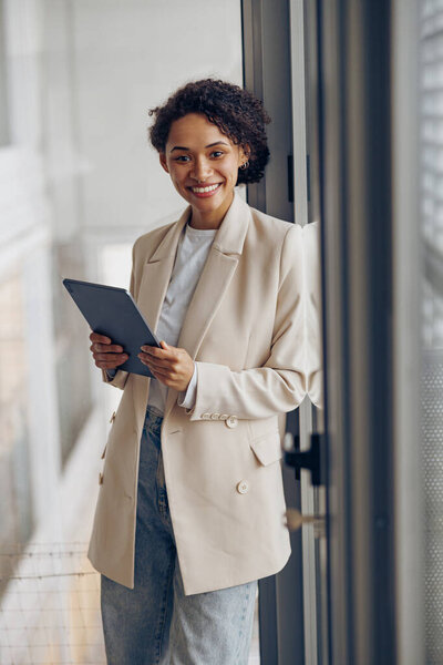 Pretty Female Manager Digital Tablet Standing Modern Office Background Looks Royalty Free Stock Images