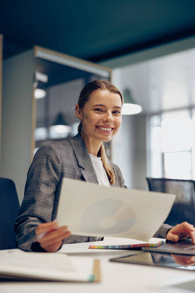 Stylish Female Freelancer Working Documents Use Laptop While Sitting Modern Stock Picture