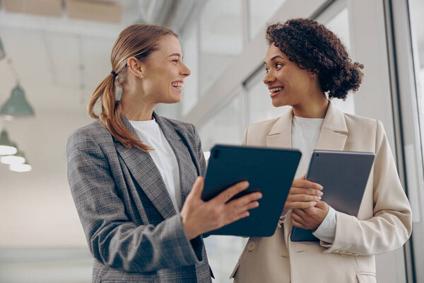 Smiling Female Business People Standing Modern Coworking Using Digital Tablet Stock Image