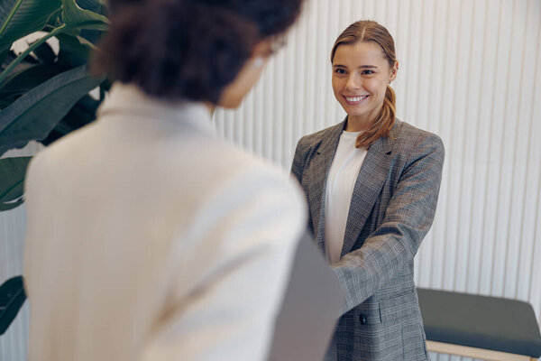 Smiling Female Executive Manager Making Successful Deal Partner Shaking Hand Stock Image