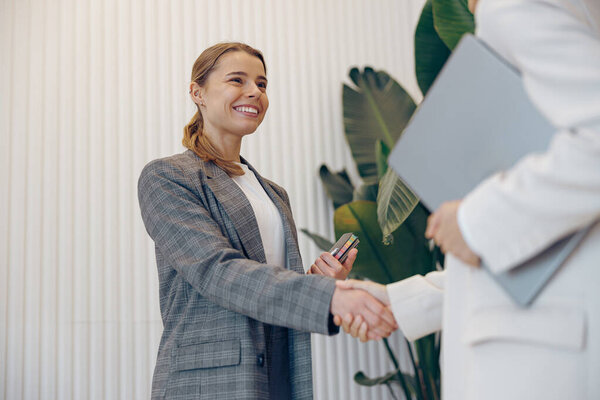 Happy Young Business Woman Manager Handshaking Greeting Client Office Stock Image