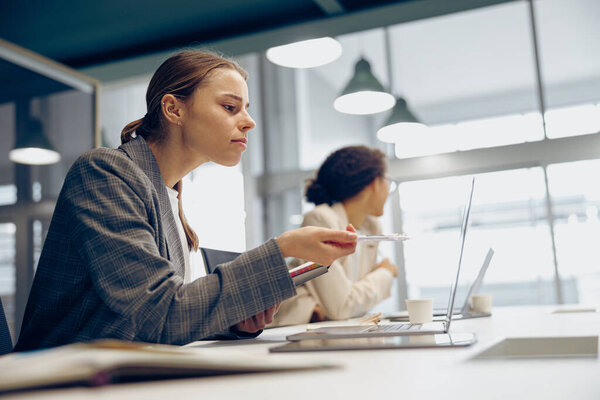 Focused Business Woman Working Laptop While Sitting Desk Office Colleague Royalty Free Stock Photos