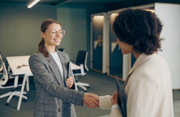 Happy Young Business Woman Manager Handshaking Greeting Client Office Royalty Free Stock Photos