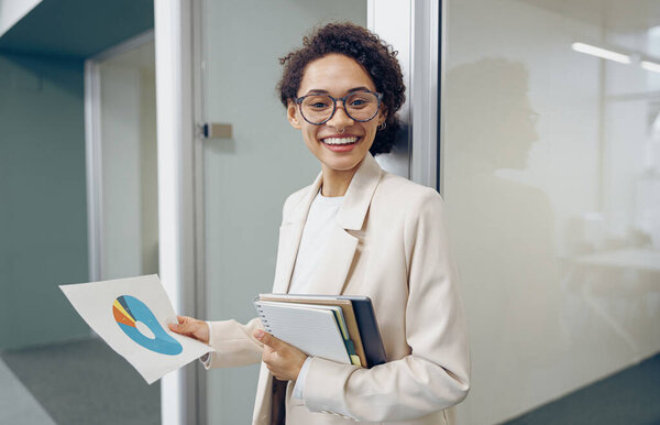 Stylish Female Financial Analyst Looking Documents While Standing Office Background Stock Image