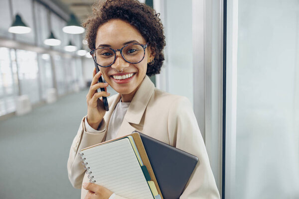 Smiling Business Woman Standing Office Background Talking Phone Colleague Stock Picture