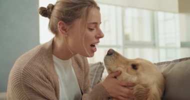 Genç bir kadın, parlak, modern bir oturma odasında rahat bir kanepede otururken Golden Retriever 'ına sevgisini göstermek için eğiliyor. Gerçek bir bağ ve nazik bir etkileşim yakaladığı an