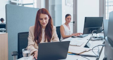 İki profesyonel kadın, işlerini yaparken parlak ve modern bir ofiste etkin bir şekilde iş birliği yapıyorlar.