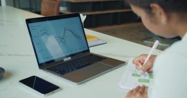 İş kadını dizüstü bilgisayarında renkli bir satış performansı grafiğini incelerken bir veri diyagramı üzerinde notlar yazıyor. Modern ofis masasında bir akıllı telefon ve belgeler var. Yüksek kalite 4k görüntü