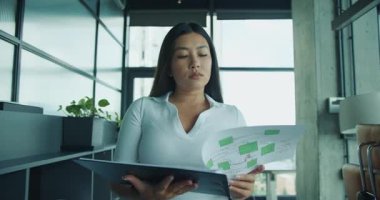 Gösterişli bir ofis ortamında önemli belgeleri dikkatlice inceleyen kendini işine adamış ve odaklanmış bir profesyonel. Yüksek kalite 4k görüntü