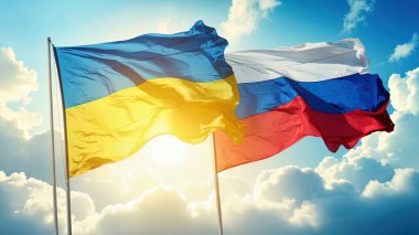 Ukrayna, Rus ulusal bayrağına karşı bulutlarda dalgalanıyor.