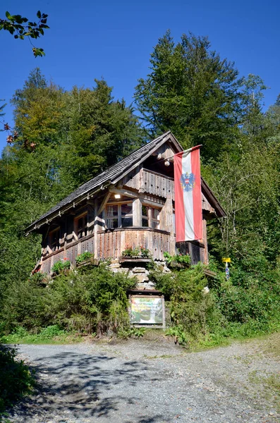 Rakousko Srub Dřevěnou Střechou Státní Vlajkou Rakouska Tzv Strutz Mlýna — Stock fotografie