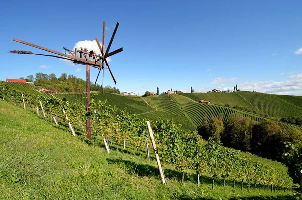 オーストリア 伝統的なクラポテスのかかしやブドウ畑が急斜面にあり 丘陵地帯はオーストリアのトスカーナとしても知られており クラポテツは鳥を運転するために南東オーストリアで使用されています — ストック写真