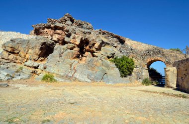 Greece, Crete, buildings built of stone in old Venetian Fortress Spinalonga, until 1957 used as a leper station, now a popular tourist destination