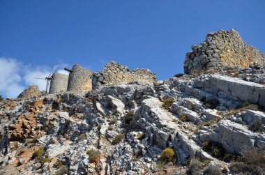 Greece, Crete, old venetian windmills at the Ambelos pass at the transition to the Lasithi plateau