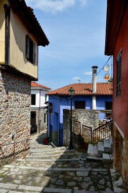 Arnea, Yunanistan - kısmen 19. yüzyıldan kalma renkli evler ve Halkidiki dağlarındaki pitoresk dağ köyünün kaldırımlı caddeleri, aynı zamanda Arnaia adında tarihi bir köy.