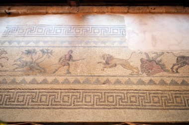 Paphos, Kıbrıs - 27 Eylül 2023: Kato Paphos Arkeoloji Parkı UNESCO 'nun dünya mirası alanı, Yunan mitolojisi ile ilgili antik mozaik, Paphos namı diğer Pafos 2017 yılında Avrupa Kültür Başkentiydi.