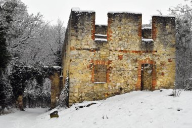 Avusturya, 17. yüzyıldan kalma Mannersdorf Wueste doğa koruma alanında Leopold Şapeli 'nin karla kaplı kalıntıları.