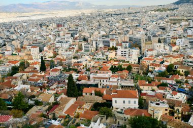 Atina, Yunanistan - 20 Aralık 2023: Akropolis 'ten şehrin ev denizi üzerindeki görüntüler 