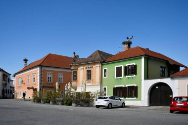Pas, Avusturya - 23 Mart 2024: Burgenland 'daki UNESCO dünya mirası sahasına sahip Neusiedl Gölü' ndeki sözde leylek kasabasının kaldırımlı belediye meydanı