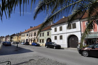 Pas, Avusturya - 23 Mart 2024: Burgenland 'daki UNESCO dünya mirası sahasındaki renkli ve pitoresk evleriyle Neusiedl Gölü' ndeki sözde leylek kasabasının ana caddesi