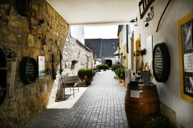 Pas, Avusturya - 23 Mart 2024: Burgenland 'daki UNESCO dünya mirası sahasında çeşitli dekorasyon ve komik sözlere sahip bir şarap dükkanının avlusu