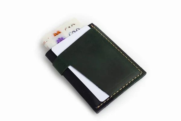 Green Leather Wallet Blank Cards Isolated White Background — 스톡 사진
