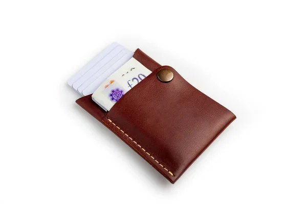 Brown Leather Wallet Blank Cards Money Isolated White Background — 스톡 사진