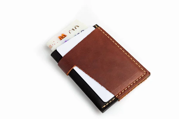 Brown Leather Wallet Blank Cards Isolated White Background Fotos de stock
