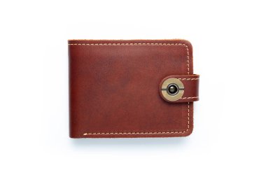 Beyaz arka planda kahverengi deri bir cüzdan. Üst görünüm.