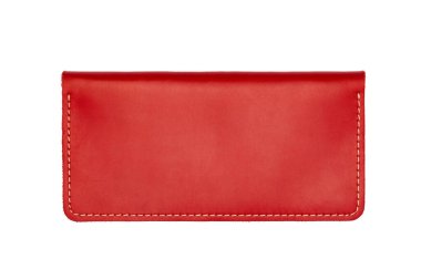 Beyaz arka plandaki düğmede büyük kırmızı deri cüzdan. Üst görünüm