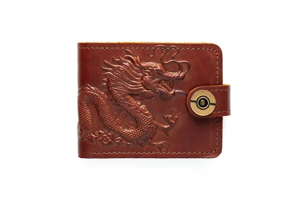 Brown Leather Wallet Button White Background Top View Dragon Print — 스톡 사진