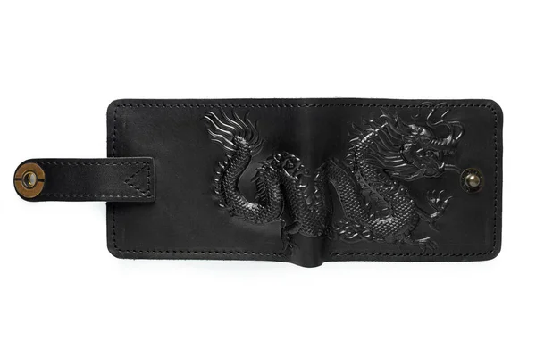 Black Leather Wallet Button White Background Dragon Print Top View — 스톡 사진