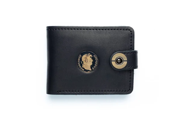 Black Leather Wallet Button White Background Top View — 스톡 사진