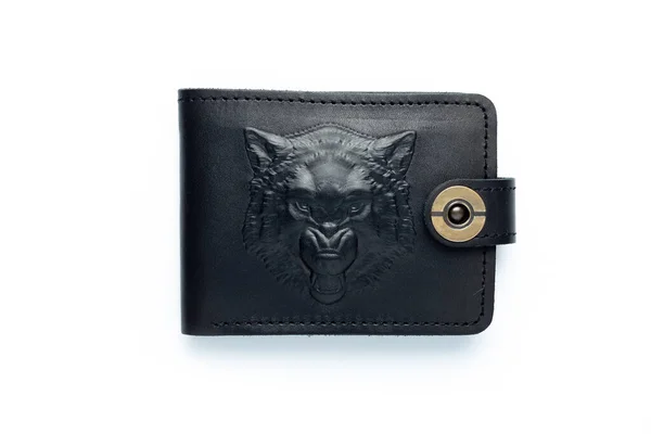 Black Leather Wallet Button White Background Wolf Print Top View — 스톡 사진