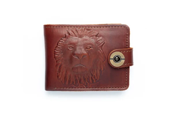 Brown Leather Wallet Button White Background Lion Print Top View — 스톡 사진