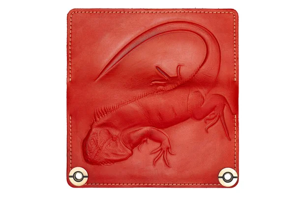 Big Red Leather Wallet Button White Background Iguana Print Top — 스톡 사진