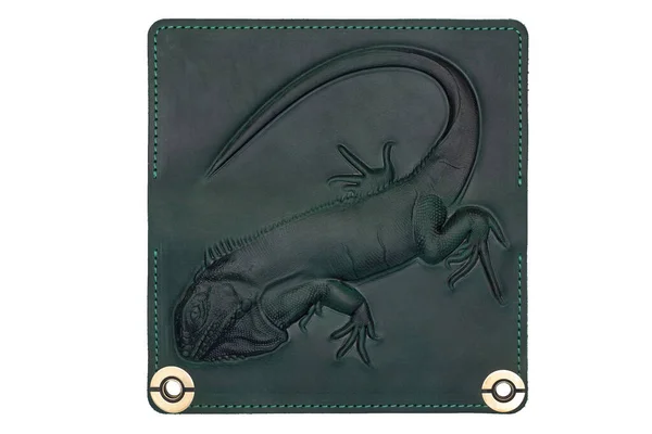 Big Green Leather Wallet Button White Background Iguana Print Top — 스톡 사진