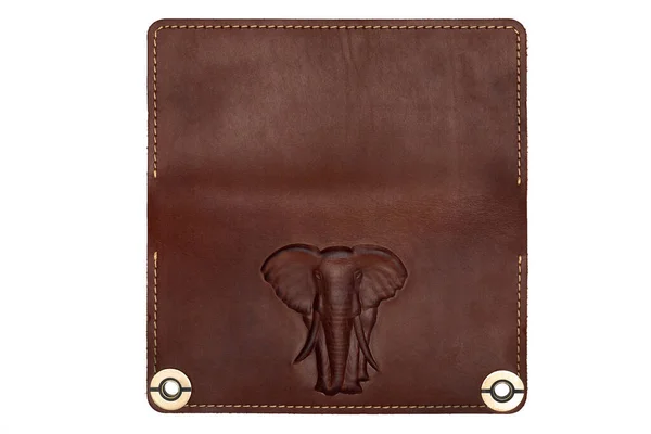 Big Brown Leather Wallet Button White Background Elephant Print Top — 스톡 사진
