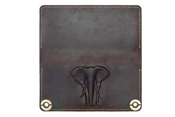 Big Brown Leather Wallet Button White Background Elephant Print Top — 스톡 사진