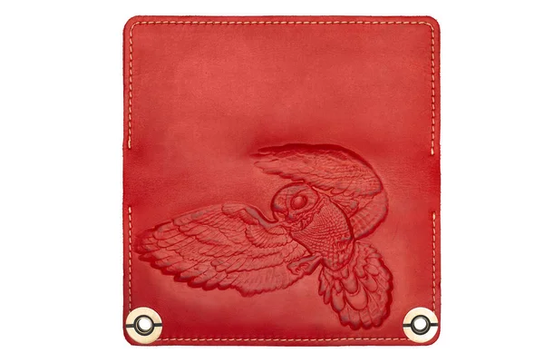 Big Red Leather Wallet Button White Background Owl Print Top — 스톡 사진