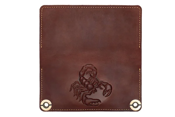 Big Brown Leather Wallet Button White Background Scorpion Print Top — 스톡 사진