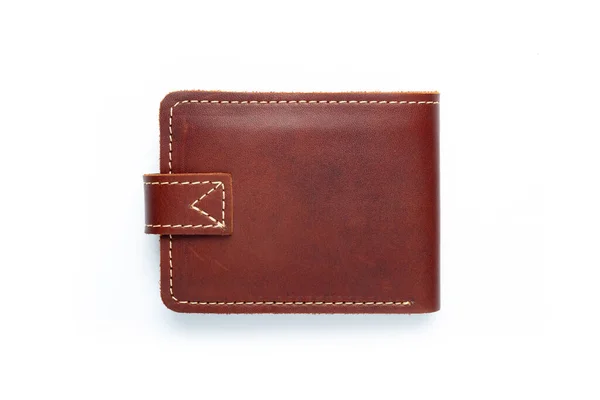 Brown Leather Wallet Button White Background Top View Fotos de stock libres de derechos