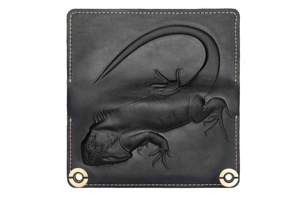 Big Black Leather Wallet Button White Background Iguana Print Top Fotos de stock libres de derechos