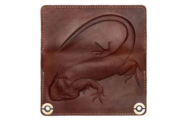 Big Brown Leather Wallet Button White Background Iguana Print Top Photo De Stock