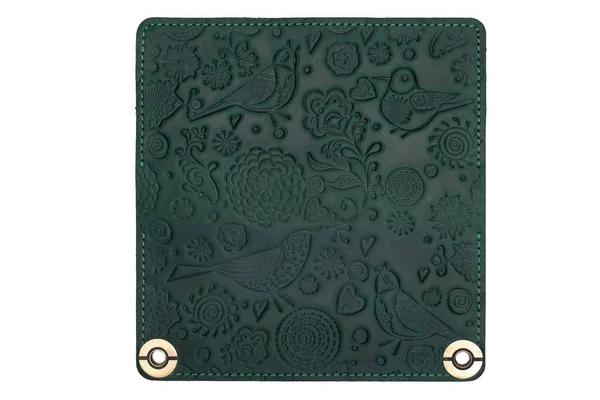Big Green Leather Wallet Button White Background Birds Print Top Image En Vente